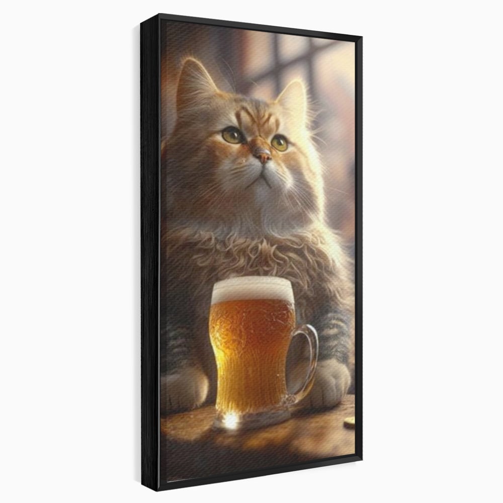 Tablou canvas cu tablou canvas cu motan pufos si halba de bere, in rama de aluminiu negru